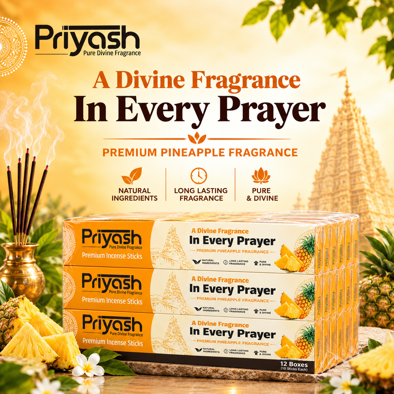 Priyash Premium Pineapple Fragrance Agarbatti (12 Boxes)