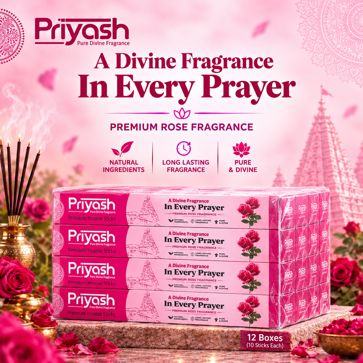 Priyash Premium Rose Agarbatti (12 Boxes)